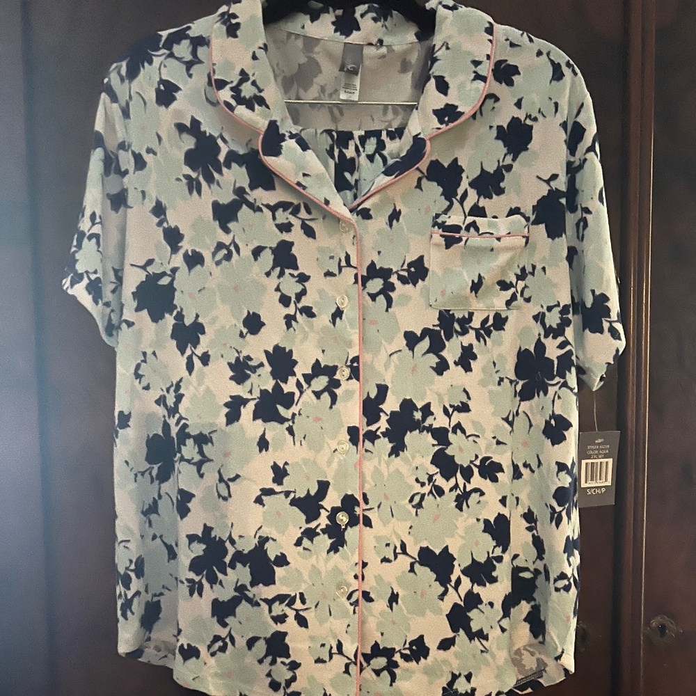 PJ Couture Blue & White Floral Pajama Set, Small, new with tags
